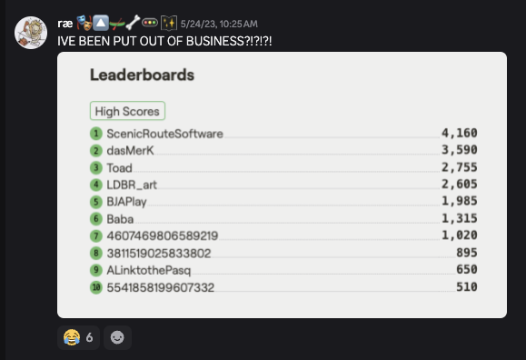 Discord screenshot — rae saying "IVE BEEN PUT OUT OF BUSINESS?!?!?!", and a screenshot of a Playdate game page showing leaderboards.