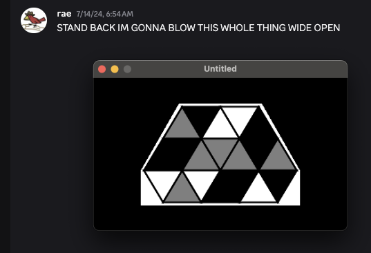 DM message from user 'rae'. Attached is a screenshot of the HEXA game board grid running in a macOS window. It's captioned "STAND BACK IM GONNA BLOW THIS WHOLE THING WIDE OPEN"