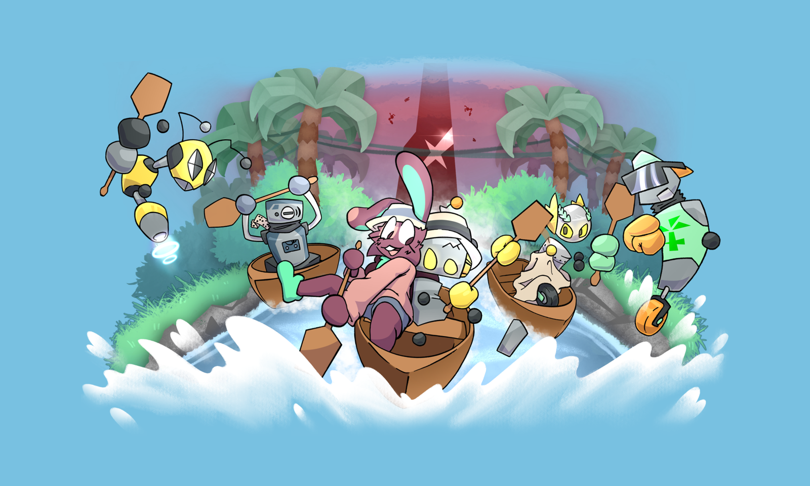 Key art for RowBot Rally — the bunny/RowBot duo are tandem-rowing a boat down a river, back to back. Behind them as they exit the jungle are a bunch of robots who don't seem as kind-natured. In the far background, a very tall tower looms ominously against a red sky, with robot drones patrolling its perimeter.