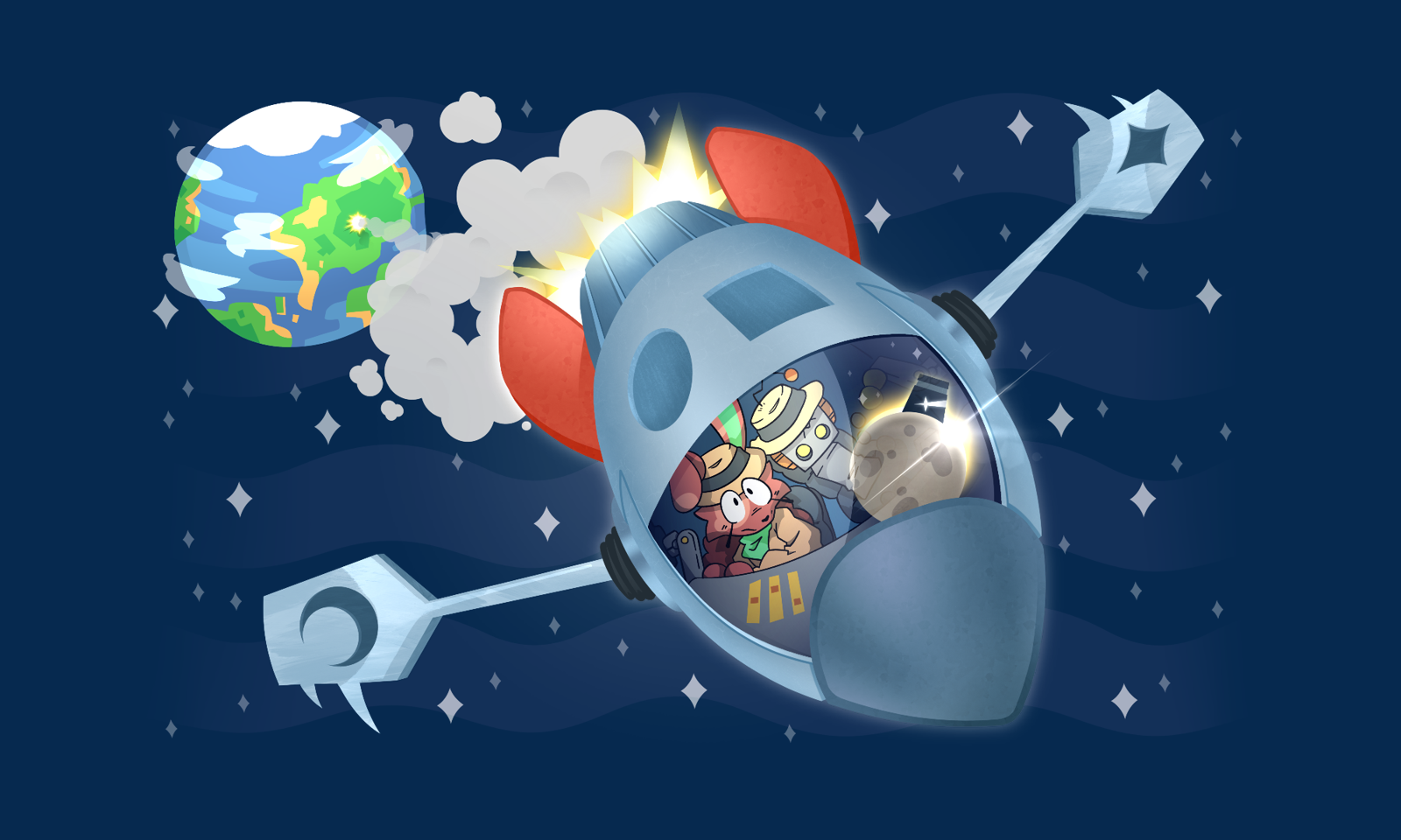 Key art for RowBot Rally 2 — the bunny/RowBot duo are at the helm of a large spaceship, with two rowing oars sticking out the sides. It's blasting away from the planet they once called home — as they pummel through outer space, they're staring off into the distance. In the reflection of the rocket's windshield, you can make out the moon, eclipsing the sun, with an ominous structure atop it.