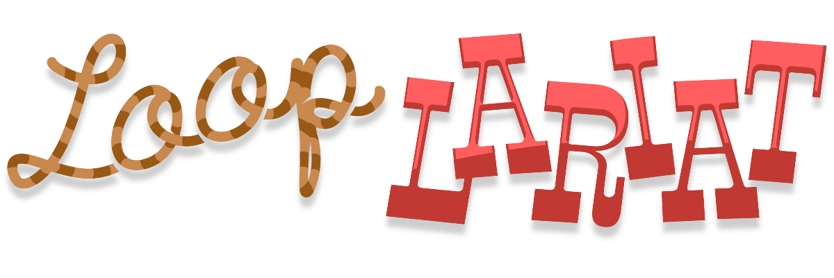 Loop Lariat logo. The 'Loop' is made of lasso rope, and 'Lariat' is written in a glossy serifed font.