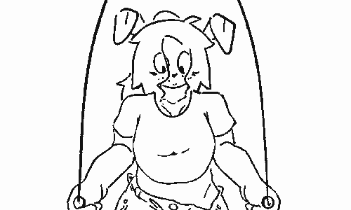 Sketchy GIF of an anthro moth — she's wearing a T-shirt, some baggy jeans, and tennis shoes. She's jumping rope; doing some two-legged hops, and then some one-legged hops, subtly bouncing from side to side.