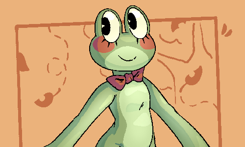 Color drawing of Ribbit, from The Amazing Digital Circus — a tall, green anthro frog with a lighter-green countershaded torso, eyelashes, and a red bow tie. She's taking a leisurely stroll through an orange park, with leaves falling around her.