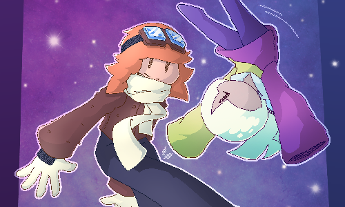 Drawing of two humanoid characters, floating around in space. One has white hair covering one eye and a flat pony-tail, is wearing a split yellow/purple hoodie with oversized sleeves and purple-blue pants; and is doing a backflip. The other has orange, semi-long hair, is wearing a long-sleeve burgundy jacket with white gloves/scarf, dark pants, orange shoes, and a pair of googles on her forehead.