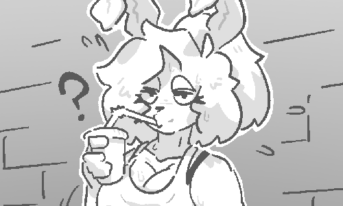 Sketchy doodle of an anthro moth. She's leaning back against a brick wall, stretching one of her legs up and grabbing her heel with her hand. She's wearing a tanktop, some jorts, and running shoes; and is drinking from a cup of assorted beverage, through a bendy straw. She's staring at the viewer with a perceptibly annoyed expression.