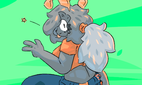 Drawing of an anthro moth seen from behind, squatting and throwing a peace sign towards the camera on some kind of green screen soundstage.