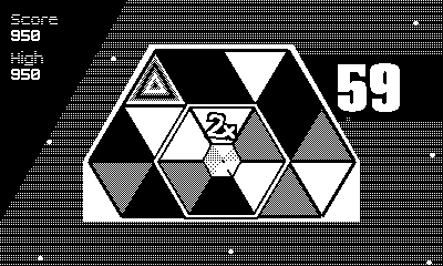 Gameplay of HEXA. A hexagonal cursor navigates around a grid of 19 triangles, trying to match a full hexagon of same-colored triangles. Matching them makes the timer go back up by a few seconds.