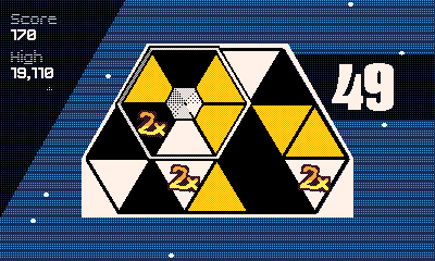 Gameplay of HEXA. A hexagonal cursor is on a grid of 19 triangles. The timer is at 49 seconds.