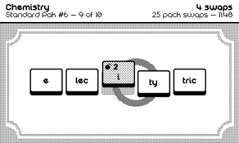 Gameplay of Labsylle. A cursor navigates along a horizontal row of syllabic blocks, swapping them around one-at-a-time to try to reach a target word.