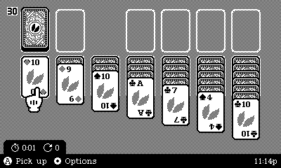 Gameplay of a 1-bit video version of Klondike Solitaire. The player moves some cards around in the tableau, and flips through the deck some.