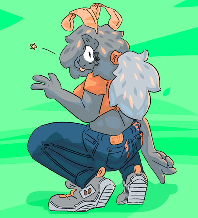 Drawing of an anthro moth seen from behind, squatting and throwing a peace sign towards the camera on some kind of green screen soundstage.