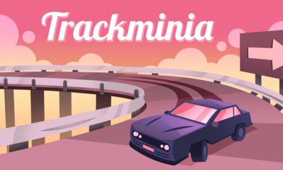 A car drifts towards the camera along a bridge high up in the sky, during sunset. The word 'Trackminia' is displayed across the top.