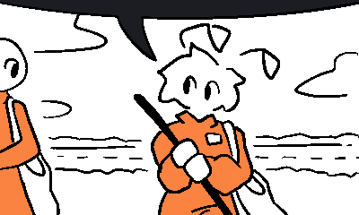 Doodle of an anthro moth performing community service in an orange jumpsuit. She's speaking something to someone nearby.