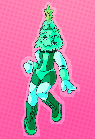 Character from Jackbox game Champ'd Up. They're wearing a green fighting costume, complete with christmas tree helmet that completely covers the head.