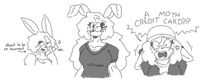 an array of moths wearing glasses. in the center, she stands politely. on the left, she's pushing up her lenses in a way that reflects the light, kind of like every annoying anime character. there's text pointing to her there that reads 'about to be so incorrect'. on the right, she's fitted in nostalgia critic attire, screaming about a moth credit card