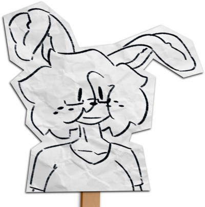 A digitally-created paper sketch of a moth with a neutral expression, crudely cut out and attached to a popsicle stick. Her mouth is closed.