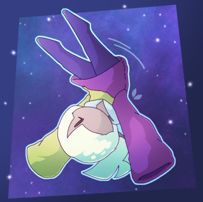 Humanoid character with one visible eye, white hair and a flat pony-tail; wearing a yellow and purple split hoodie with oversized sleeves and purple-blue pants. They're doing a backflip through space.