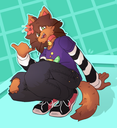 Low-ish angle drawing of an orange anthro cat (he/they), staring towards the camera with a smiling expression. They're squatting down near the ground; one hand planted on the floor behind them to keep themselves balanced, and their other hand held up to their face with a 'telephone' gesture. They're wearing a purple tee with a design of yellow and green fruit slices, a black-and-white striped long-sleeve undershirt, dark-gray jeans with a tear on one knee and black-and-red sneakers. They also have a red flower in their hair. The background is teal and green with a grid pattern.