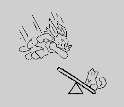 Sketchy pixel doodle. A cat sits patiently on the weighted end of a cartoony teeter-totter. An anthro moth is in the midst of an impending fucking suplex elbow drop onto the other end.