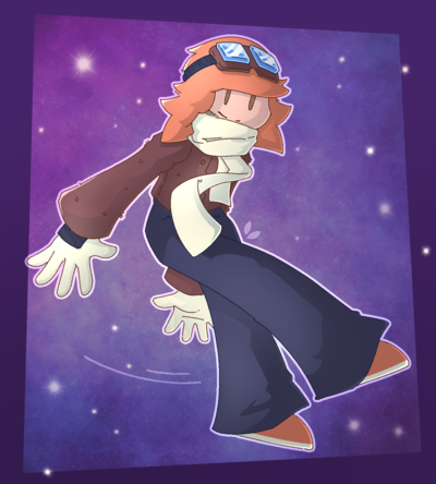 Humanoid character with orange, semi-long hair — she's wearing a long-sleeve burgundy jacket with white gloves, a white scarf, dark pants with orange shoes, and a pair of goggles on her forehead. She's floating around in space.