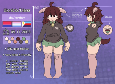 Character ref sheet for Dionicio/Diana, a goat therian with dark brown long hair and big slightly-curved horns; wearing a green cowbell collar, a dark-gray hoodie with a design printed on the corner, and a short green skirt. There's some character info: she/he/they pronouns, bisexual/bigender/polyamorous, birthday 09.11.2003, 5'10' (178cm). 'Silly goat therian', 'Very kind & friendly', 'Loves being gay with friends; will always try to help them out no matter what'. 'extra-sensitive horns (you can rub them to calm her down)', 'slight fangs; green tongue'.