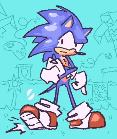 Sonic the Hedgehog, standing in a stylized Green Hill Zone. His arms are crossed and he's tapping his foot impatiently, as he tends to do.