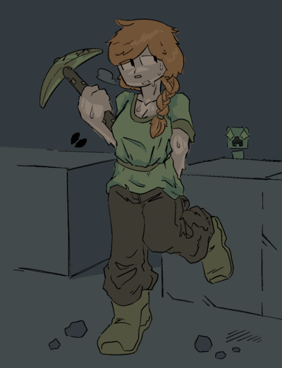 Drawing of Alex from Minecraft, in some kind of dark cave. She's got red/orange hair, with most of the length tied up in a braid running down her shoulder. She's wearing a green shirt, baggy brown pants and gray boots; and holding a big pickaxe behind her with both hands. She seems exhausted, with one leg kicked back against a nearby block. A Creeper is looking in from the distance.
