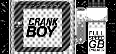 1-bit art depicting a sort of hybrid Playdate/Game Boy, with a crank on the side. The screen says 'CRANK BOY' in big, bold letters — along the crank, there's text that reads 'full speed GB emulator'.