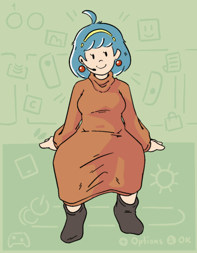 Amelia N. from the Nintendo Switch News section. She's a polite-looking lady with blue hair and a bright-yellow headband, spherical red earrings, and an earpiece microphone. She's wearing a long orange sweater that extends down to her ankles, and dark-brown boots. She's sitting around on the Nintendo Switch HOME Menu, with a bunch of icons surrounding her.