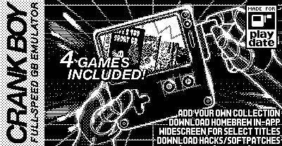 1-bit art reminiscent of the original Game Boy's box art, with a stylized shiny Playdate being played by equally-shiny robotic hands in a radical grid background. Flanking the left side is text that reads 'CRANK BOY — FULL-SPEED GB EMULATOR', and there's a banner on the screen reading '4 games included!'. In the lower-right corner, there's a brief list of app features — 'Add your own collection!', 'Download homebrew in-app', 'Widescreen for select titles', 'Download hacks/softpatches'.