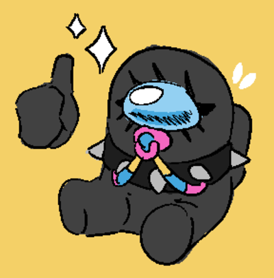 Doodle of Black, a character from Among Us. They're a short being, in a very-dark-gray astronaut suit with a reflective oval-shaped visor; wearing a black choker with spikes. They've got a colorful binky in their mouth and are giving an emphatic thumbs up via disembodied hand.