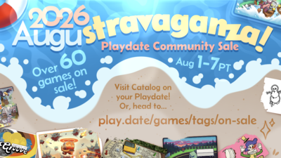 Key art for Augustravaganza 2026. It's a top-down view of a beach, with a wave breaking over the top. Inside the wave, there's some text: '2026 Augustravaganza! Playdate Community Sale. Over 60 games on sale! Runs from August 1st through August 7th, pacific time.' On the beach, key arts of various Playdate games are buried in the sand. There's text that reads: 'Visit Catalog on your Playdate! Or, head to... play.date/games/tags/on-sale'