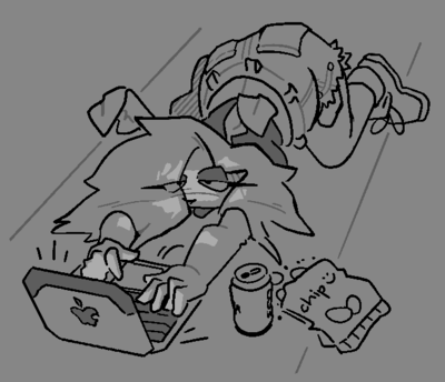 Doodle of an anthro moth, laying out on the floor. She's wearing a T-shirt and jorts, and has a lazy expression with her tongue sticking out. Her outstretched arms are typing and mousing on an apple laptop in front of her, which is casting light on her face. There's an open can of soda and bag of chips laid out in arm's reach, as well.