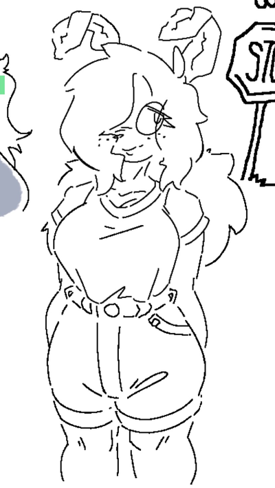 Doodle of an anthro moth. They're standing, and looking off to the side with a sorta ambivalent-lookin' expression. They're wearing a slightly baggy T-shirt, tucked into a pair of waist-high denim shorts.
