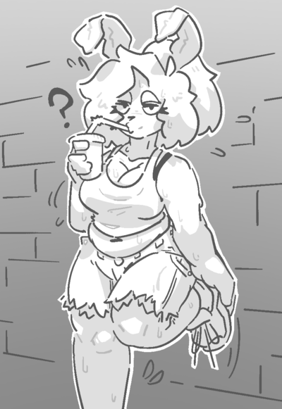 Sketchy doodle of an anthro moth. She's leaning back against a brick wall, stretching one of her legs up and grabbing her heel with her hand. She's wearing a tanktop, some jorts, and running shoes; and is drinking from a cup of assorted beverage, through a bendy straw. She's staring at the viewer with a perceptibly annoyed expression.