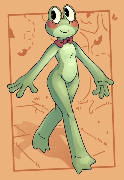 Color drawing of Ribbit, from The Amazing Digital Circus — a tall, green anthro frog with a lighter-green countershaded torso, eyelashes, and a red bow tie. She's taking a leisurely stroll through an orange park, with leaves falling around her.