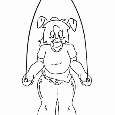 Sketchy GIF of an anthro moth — she's wearing a T-shirt, some baggy jeans, and tennis shoes. She's jumping rope; doing some two-legged hops, and then some one-legged hops, subtly bouncing from side to side.