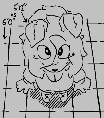 Doodle of an anthro moth as seen from a birds-eye perspective; she's staring up at the viewer with big puppy-dog eyes as if to say 'can i please have some of the boiling water you're cooking'. There's a label that says 'five foot twelve vs six foot even'.