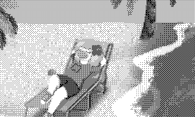 Dithered image of an anthro bird, relaxing in a lounge chair along the beachside. There are a couple palm trees along the edges of the frame, and the tide is just coming in.